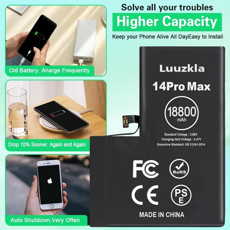 Luuzkla بطارية بسعة 18800mAh (ترقية جديدة 2025) متوافقة مع آيفون 14 برو ماكس، بطارية بسعة فائقة متوافقة مع آيفون 14 برو ماكس، مع مجموعة أدوات كاملة - سعة عالية 0 دورة - خدمة لمدة 24 شهرًا - Image 3